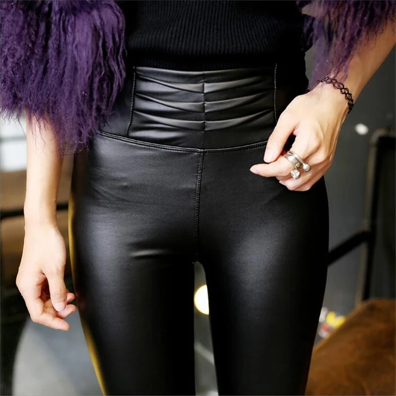 Buy Women Faux Leather Pants Stretch High waist black