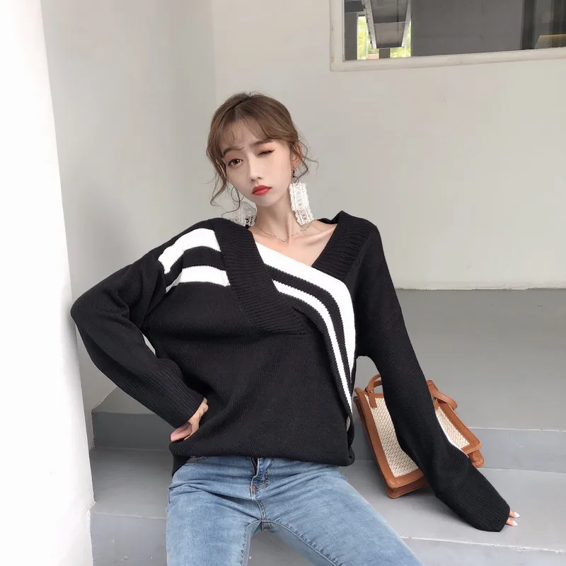 CBAFU шикарный брендовый черно-белый Асимметричный свитер в стиле пэчворк с глубоким v-образным вырезом, вязаный женский топ, свободные пуловеры, джемпер, вязаная одежда N698