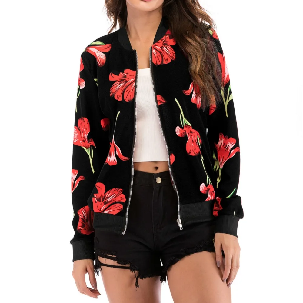 

Floral Print Bomber Jacket Women Basic Retro Coat Spring Autumn Long Sleeve Plus Size Short Zipper Biker Jackets Female