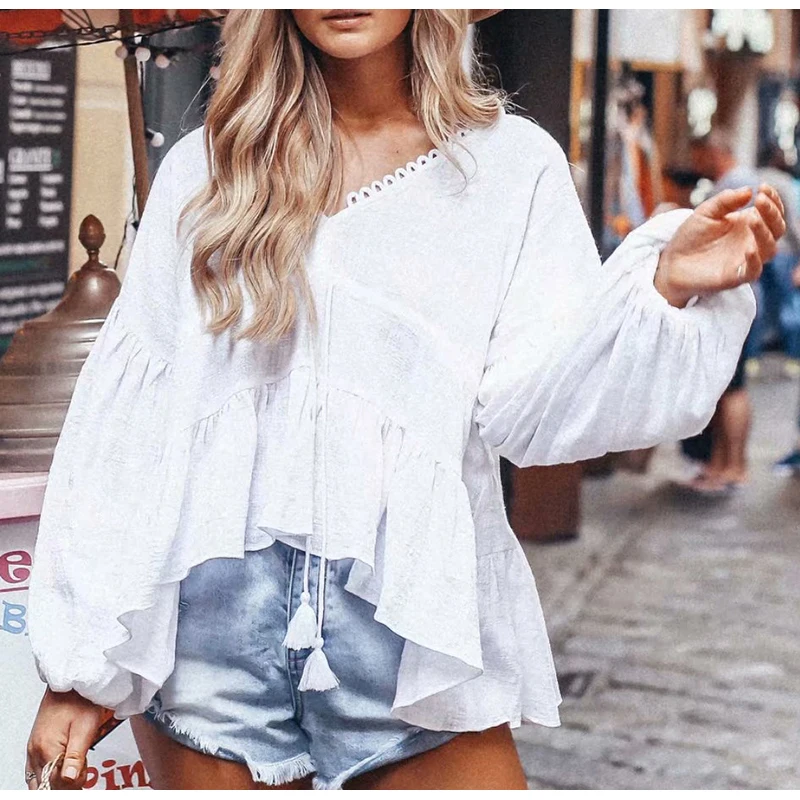 

Women Fashion White Lace up Blouse NEW V Neck Tops and Blouse Women Casual Loose Lantern Sleeves Shirt