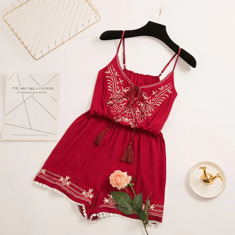 

2019 Jumpsuits Women Bohemia Summer Loose Shorts Wide Legs Embroidery Patchwork Strap Lace-Up Girls Beach Fashion Jumpsuits