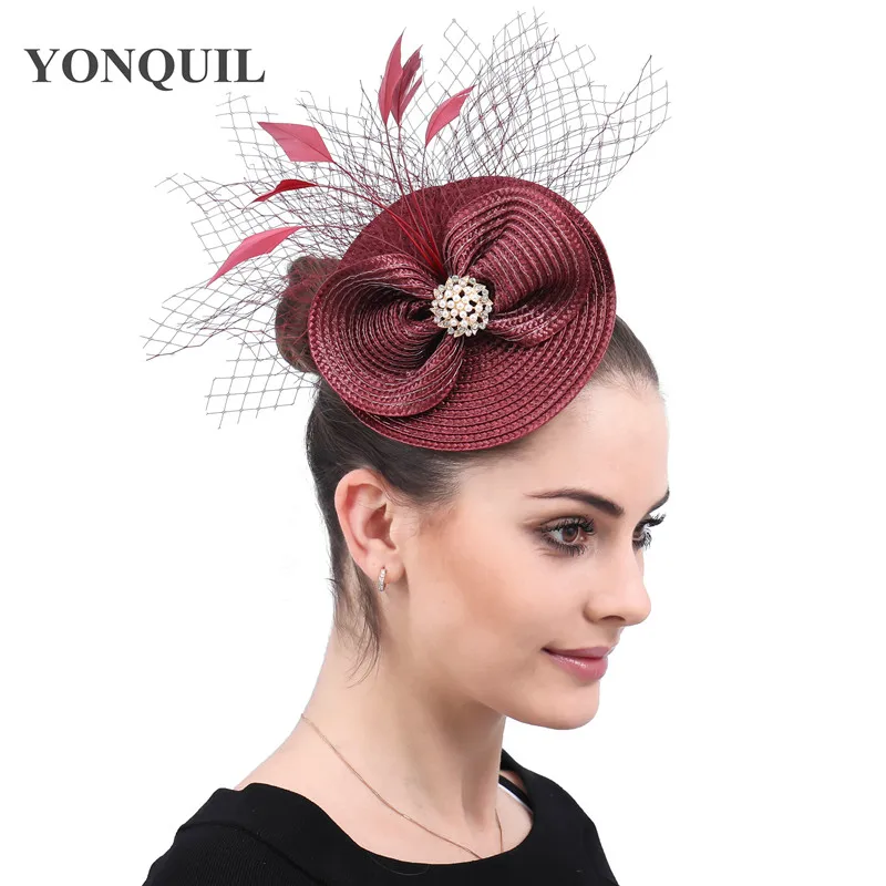 

Ladies Wine Red Cocktail Church Fascinators Accessories Hair Clips Headwear Feather Flowers Decoration Hairpins Party Headpieces