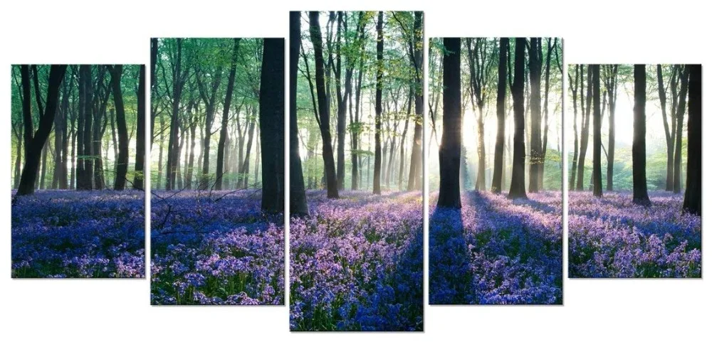 Pyradecor Early Morning Lavender Canvas Prints Wall Art Purple Floral Pictures Paintings for Bedroom Kitchen Bathroom Home Decor Modern 5 Panels Stretched and Framed Flowers Landscape Giclee Artwork