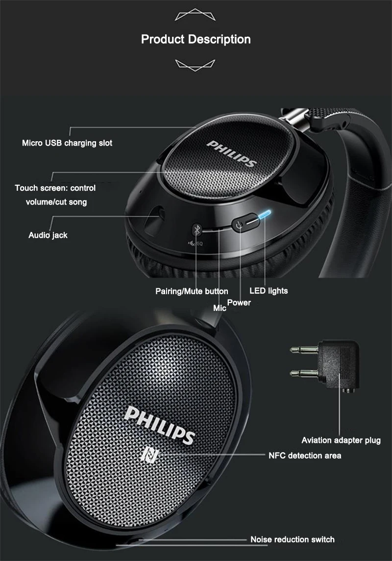 Оригинальные беспроводные bluetooth-наушники Philips SHB9850 с функцией активного шумоподавления, NFC гарнитура с микрофоном, официальная проверка