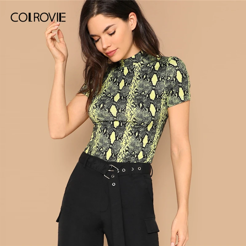 COLROVIE Stand Collar Neon Yellow Snake Skin Print Fitted T-Shirt Women 2019 Spring Short Sleeve Casual Tops Office Female Tees COLROVIE Stand Collar Neon Yellow Snake Skin Print Fitted T-Shirt Women 2019 Spring Short Sleeve Casual Tops Office Female Tees