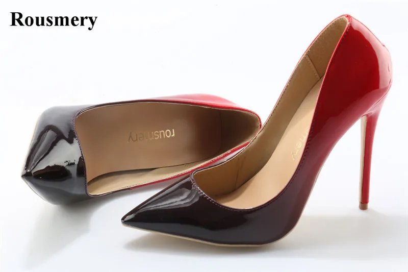 

Women High Quality Pointed Toe Black/Red Gradient Colorized Pumps Patent Leather 12cm 10cm High Heels Formal Wedding Shoes