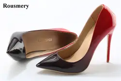 Для женщин Высокое качество острый носок черный/красный градиент Раскрашенная Насосы Лакированная кожа 12 см 10 см высокий каблук вечерние