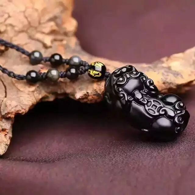 Натуральный черный Обсидиан Резной Будда Лаки амулет кулон ожерелье для женщин мужчин Подвески модные украшения 48*32 мм