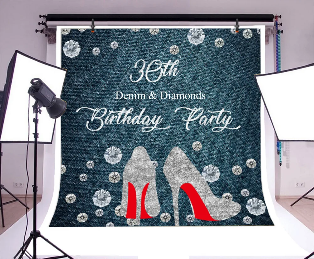 Laeacco Princess Backdrops Women High Heels Happy 30th Birthday Demin Diamond Banner Photo Backgrounds Photocall Photo Studio