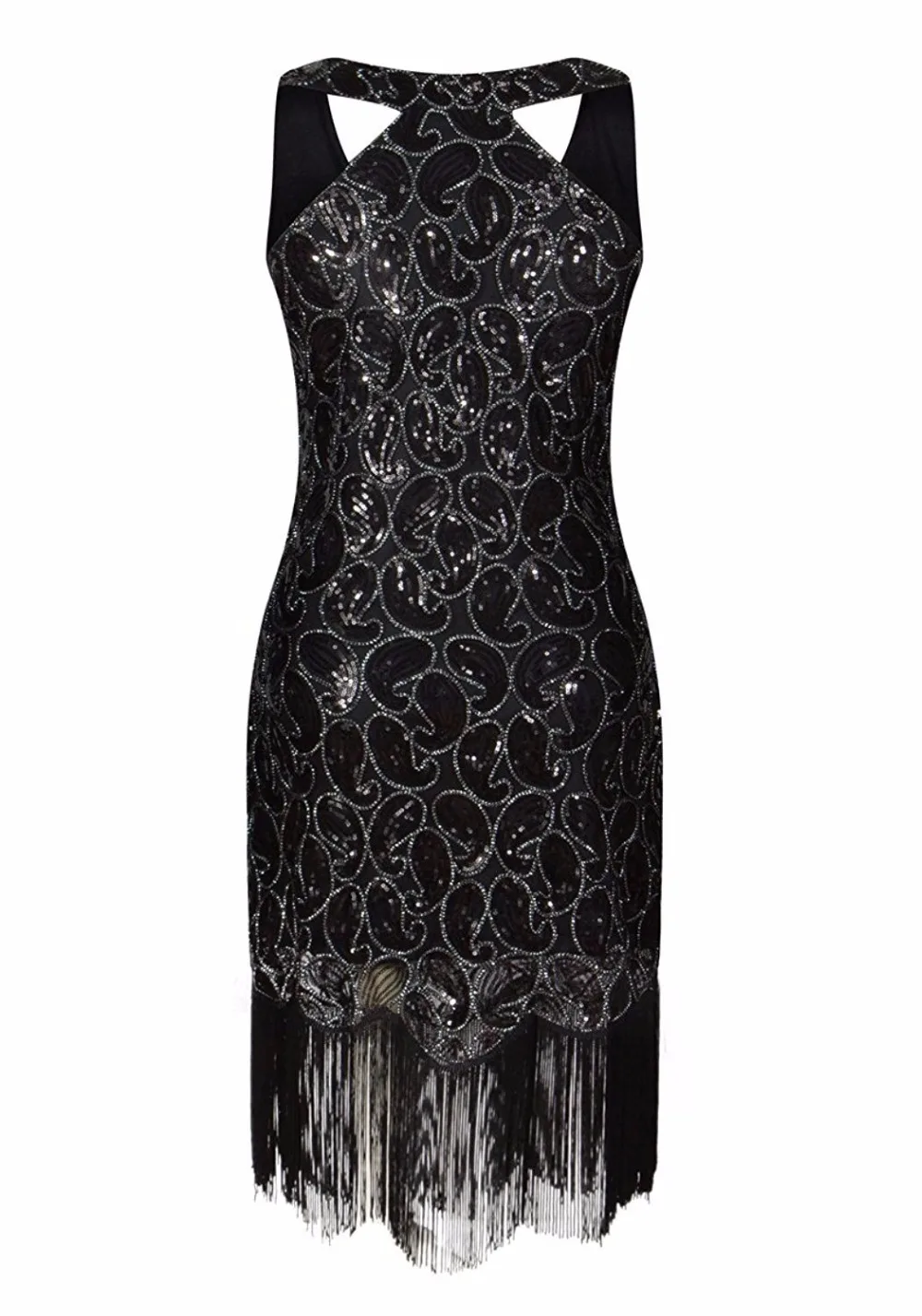 Женское платье 1920s с блестками и узором пейсли, без рукавов, с оборкой на спине, черное, золотое, сексуальное, с бахромой, вечерние платья Great Gatsby