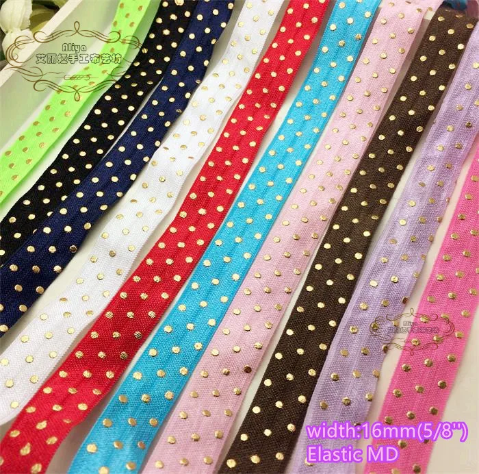 

10 colors Elastic Ribbon Hot stamped gold Dots 5/8'' 15mm width flexible tape headband Hairbow accessory 10 yards free shipping