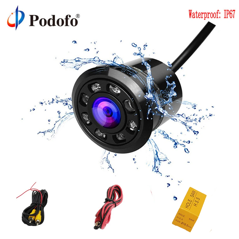 

Podofo Waterproof Car Rear View Camera 8 Round Night Vision Reversing Auto Car Parking Monitor CCD Wide Angel Degree HD Video