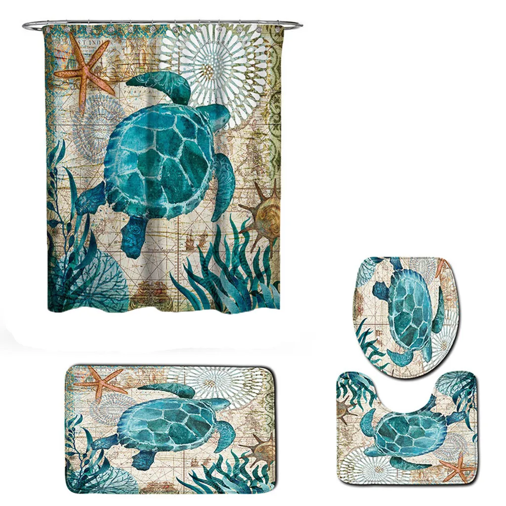 4 шт. Морской стиль нескользящий туалетный полиэфирный коврик набор для ванной занавески для душа toilette59 - Цвет: A