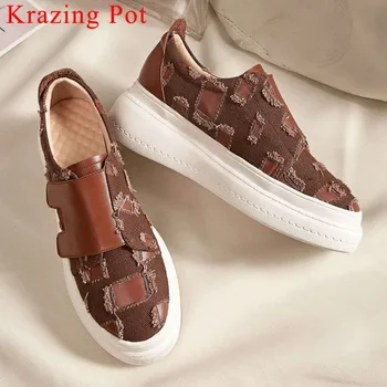 

2019 retro design cow leather denim round toe Hook&loop loafers round toe med bottom platform sneakers vulcanized shoes L2f3