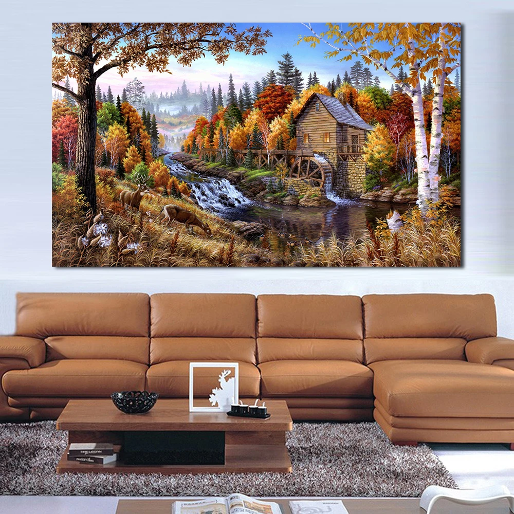 

JQHYART Landscape In The Forest Cabins Oil Painting Canvas Art Home Decor Wall Pictures For Living Room Modern No Frame Picture