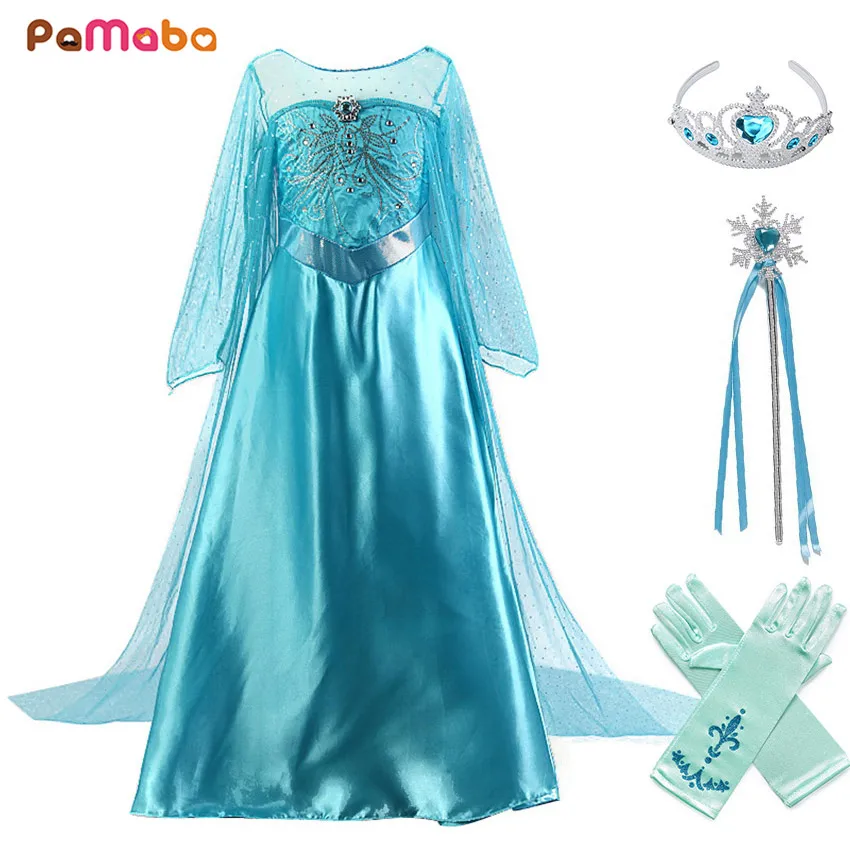 PaMaBa queen платье Эльзы-для девочек с украшением в виде кристаллов Стразы Украшенные с Эльзой, платья для девочек с длинным шлейфом для девочек; маскарадный костюм «Эльза»
