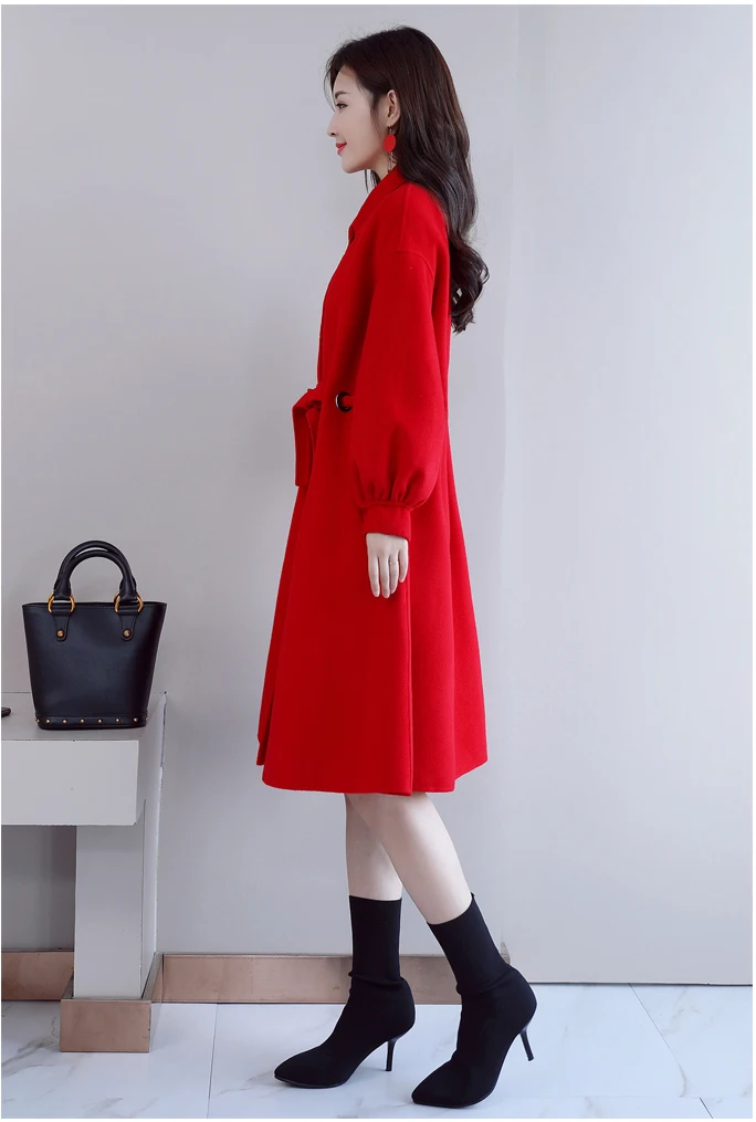 2019 spring new women woolen coat female long section slim versatile tie with solid color woolen coat A87 Parkas