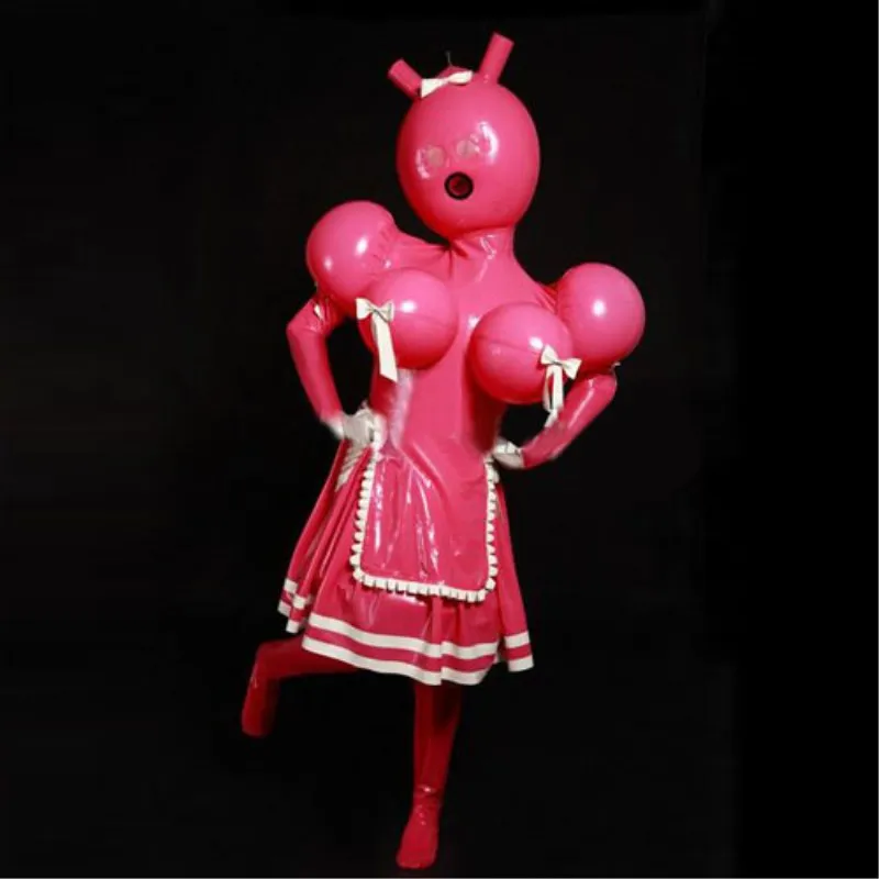 

2019 Latex 100% Gummi Rubber Double layer Sexy Pink Ruffle Stuckings Hooded Overall Cosplay Customized Size S-XXL