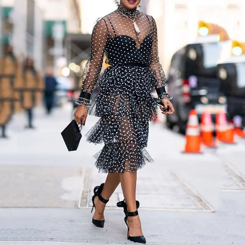 

Summer Polka Dot Dress Women Long Sleeve Layered Ruffle Party Sexy Mesh See Through Vintage Black Elegant Midi Dresses Female
