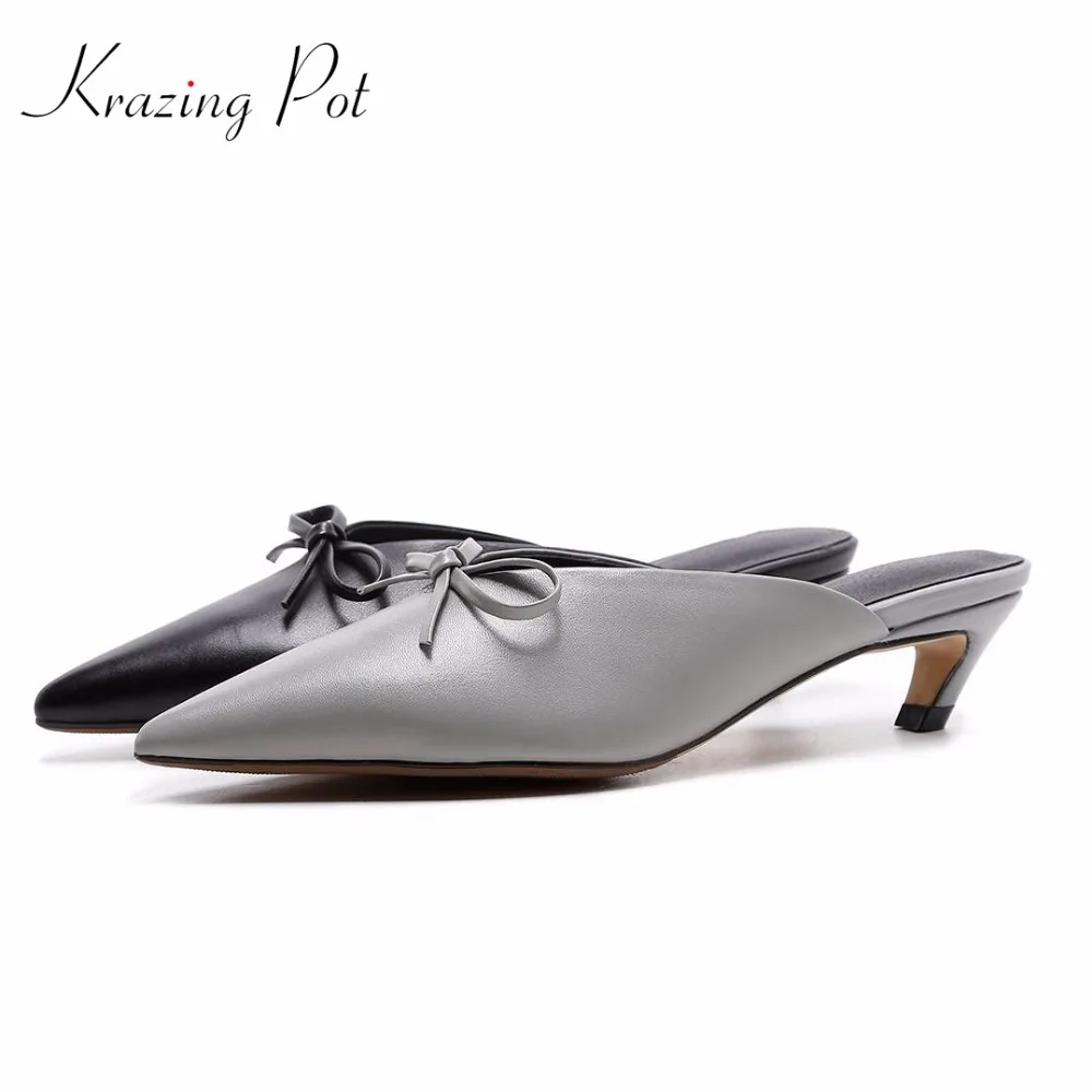 

Krazing pot 2019 new spring summer genuine leather solid hollywood star stiletto med heels pointed toe bowtie shallow mules L63