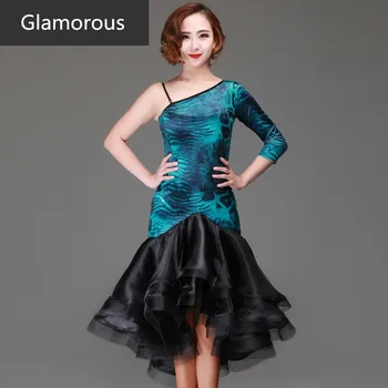 

Leopard\black Latin dance dress inclined shoulder stripes international competition Latin dance wear female square dance dress