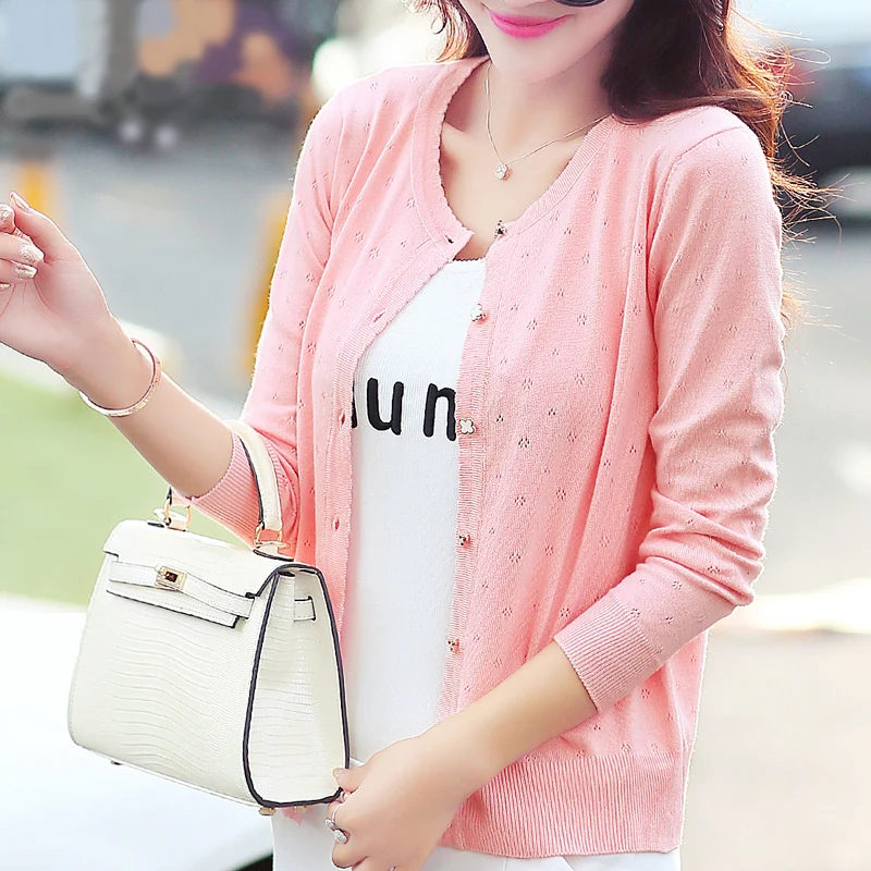 2019 Cropped Cardigan Women Long Sleeve Round Neck Thin Hollow Knitted Summer Cherry Blossom Buttons Harajuku Sweater |