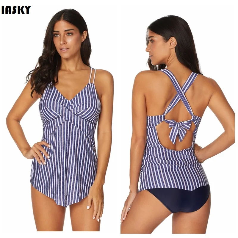 

IASKY 2019 New striped backless tankini set sexy women plus size swimsuit swimwear Bathing Suit for Women S--2XL