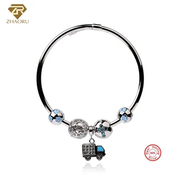 

Zhaoru Authentique 925 Sterling Silver Bangles Crystal Bangles Blue Enamel Bracelet for Women Fashion Fine Jewelry Lover Gift