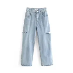 Женские джинсы с высокой талией, свободные женские джинсовые брюки с дырками, женские модные длинные джинсы с высокой талией, весенние