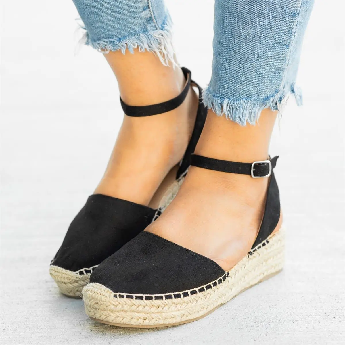 

LASPERAL Women Hemp Sandals Torridity Slip On fasten Shoes Female Flock Cross Strap Heels Sandals Plus Size Footwear