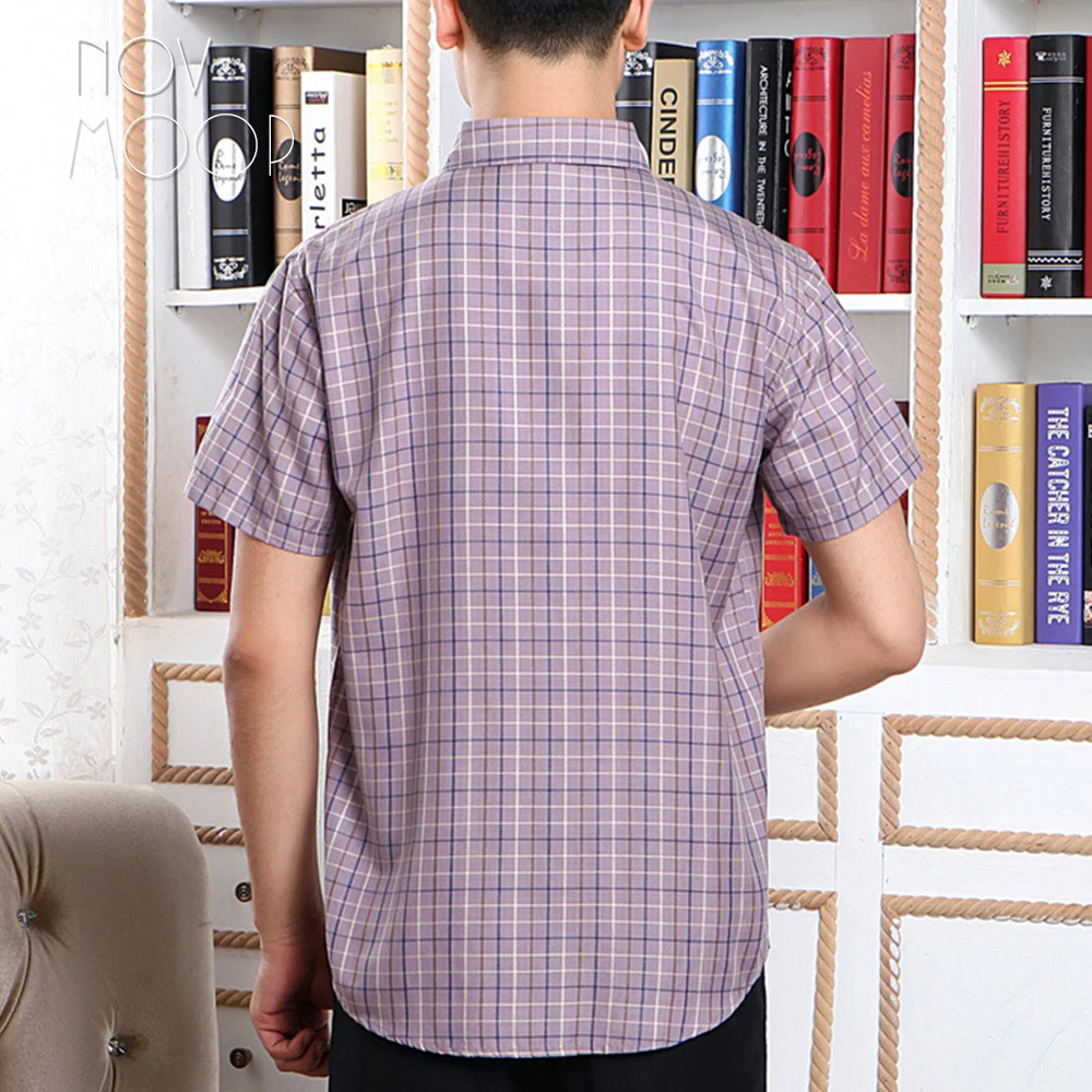 Летние мужские деловые рубашки из натурального марлевого шелка с коротким рукавом, фиолетовая жаккардовая рубашка в клетку, chemise homm camiseta masculina LT2225