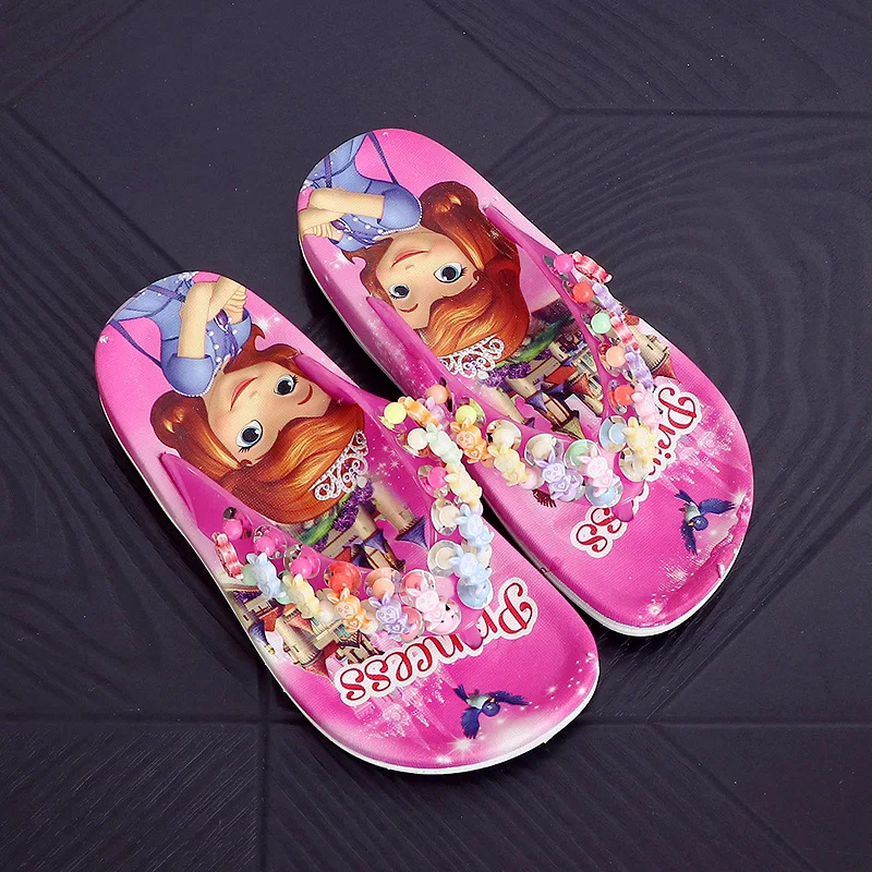 Children Girls Summer Princess PVC Beach Slippers Soft Cartoon Fashion Lovely Beading Non-slip Flip Flop Casual Shoes 2-10years