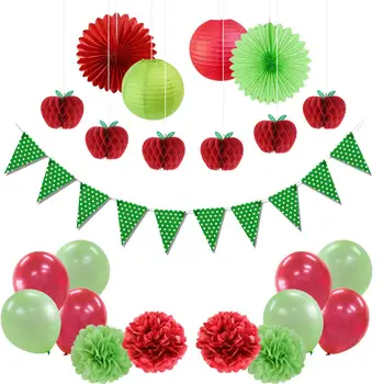 

17pc DIY Apple Party Decorations Set Back to School Classroom Decor Honeycomb Apple Latex Balloons Paper Lanterns Banner Flag