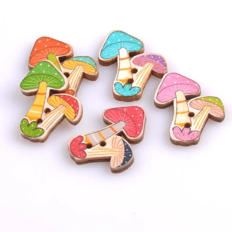 New 50Pcs Mushroom Wooden Buttons Mixed Color 2 Holes Fit Sewing