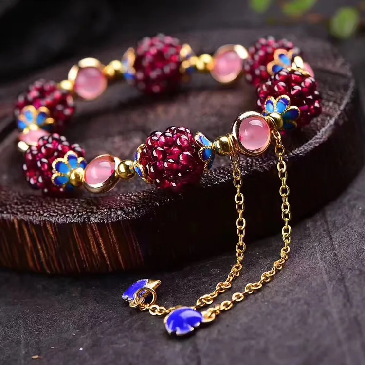 

Women Fashion Jewelry Natural Garnet Flower Ball Bracelet Tassels Braided Transfer Lucky Single-loop Crystal Hand Chain