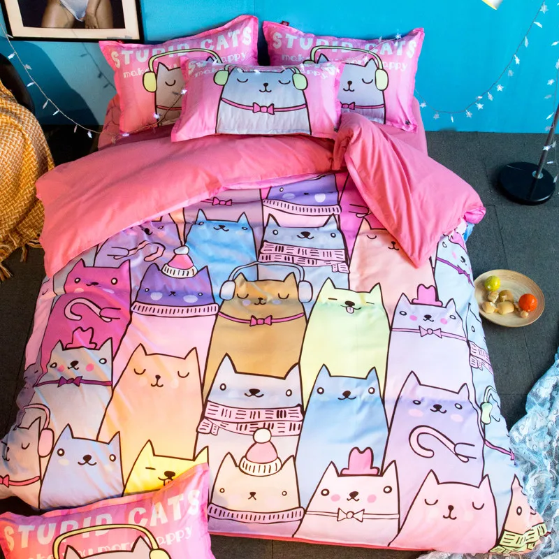 

Free shipping Novelty Gift Cute Cats Pattern Kids' Room Girl Bedding Duvet Cover Set+2pcs Pillow Case Sham UK AU US Size