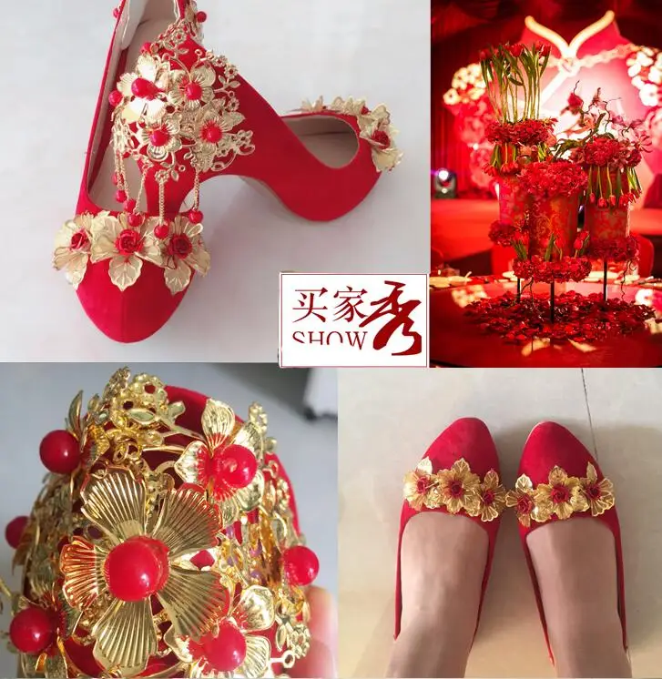 Красные туфли; замшевые свадебные туфли с бахромой для невесты; модельные туфли на высоком каблуке; осенние женские туфли с золотыми цветами и бахромой