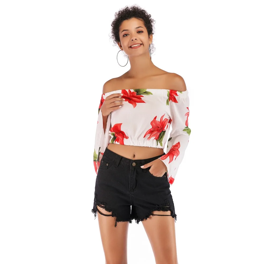 

Summer Women's One-neck Sexy Off-Shoulder Chiffon Shirt Trumpet Sleeve Leopard Print Top