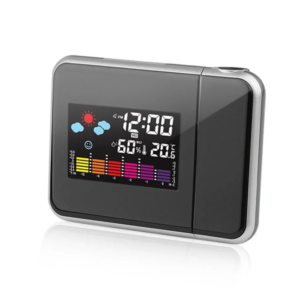 Черный цифровой проектор повтора будильника Красочный Светодиодный дисплей подсветка бесшумные часы без тиканья Метеостанция домашние часы