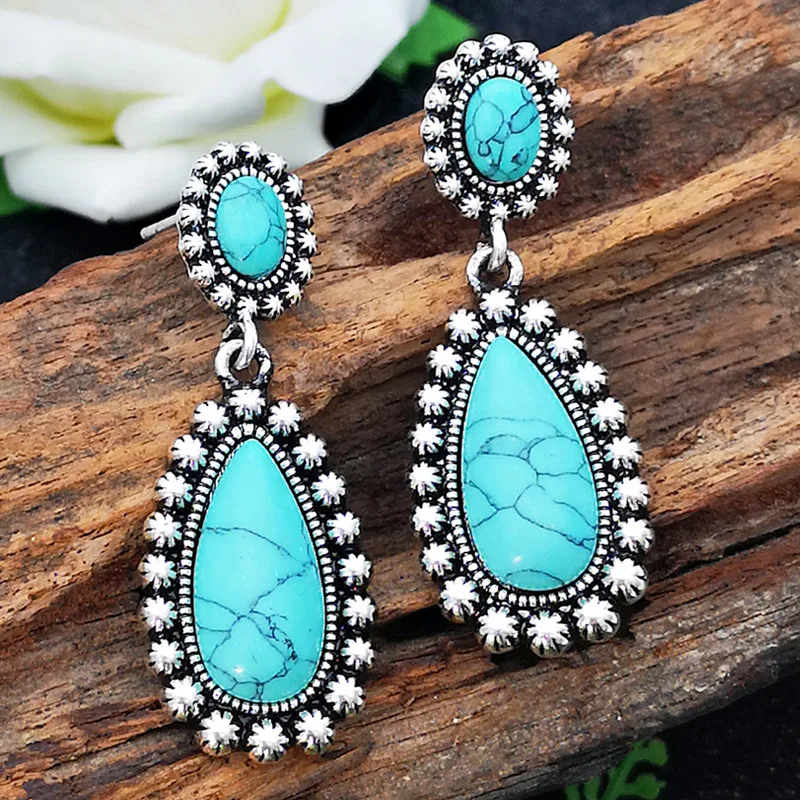 

Fashion Vintage Tibetan Silver Natural Turquoises Earring Blue Stone Water Droplets Dangle Earrings for Women Boho Jewelry 2019