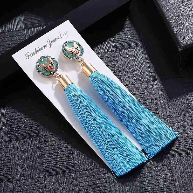 E5872 Trendy Drop Earrings CatWomenLongBohemianBlueSilkBalckDangleMetalBohoGold Tassel Earrings 2018 Jewelry