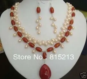 

ddh0422 Pretty Cultured Pearl Red Jade Necklace Earrings Set