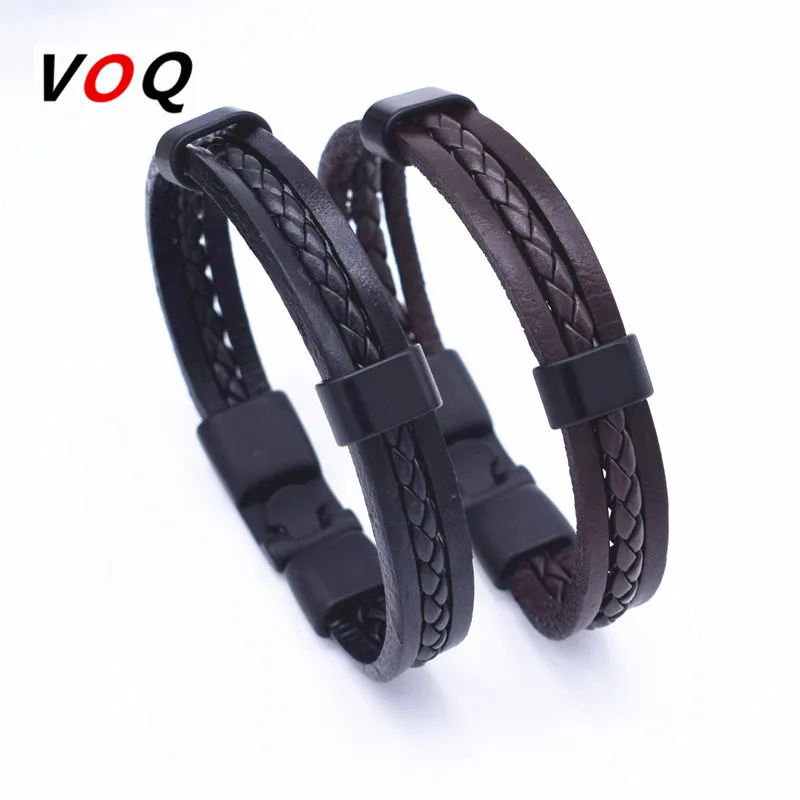 

2017 New Design Individual Braided Rope & Genuine Leather Bracelet Men's Black High Quality Metal Accessory Bracelet Jewelry