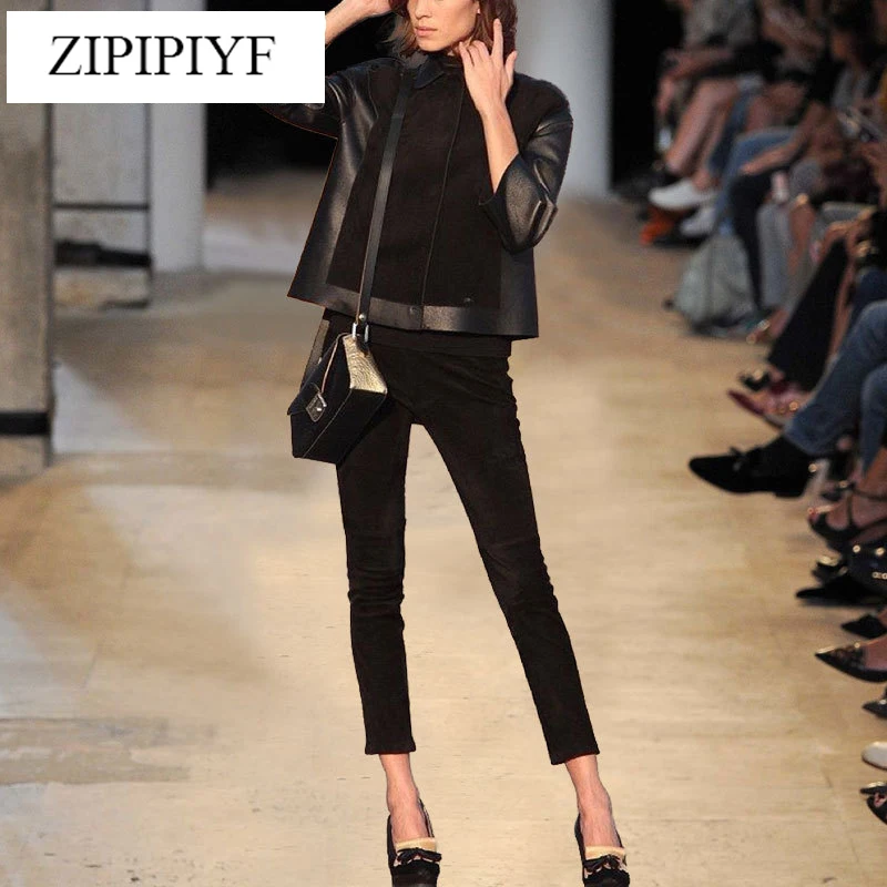 

High quality 2018 New Fashion Runway Designer Women's Turn-down Collar jacket+solid black ankle length pants 2pcs outfit VL6155