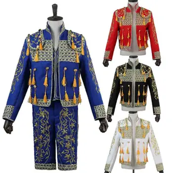 

3 Piece Set Deluxe Men`s Spanish Bullfighter Costume European Royal Palaces Suit Blue Black Red Coat+Pants+Vest Set For Men