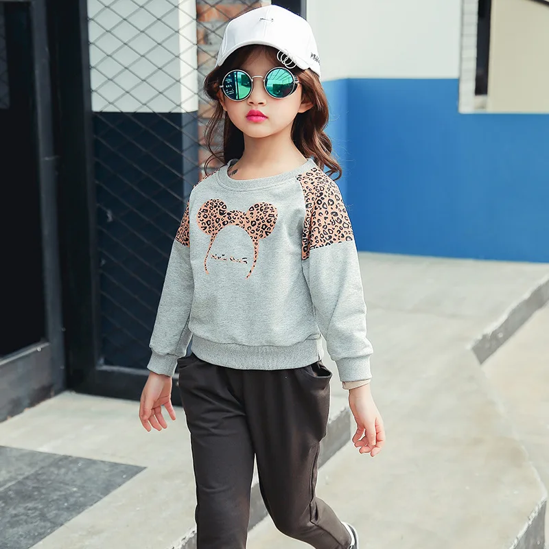 

Kids girls spring / autumn 2 pcs set 2017 new baby girls' clothing fashion leopard shirt suit 4/5/6/7/8/9/10/11/12/13