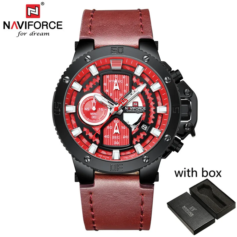 Мужские часы NAVIFORCE от ведущего бренда, роскошные спортивные часы с хронографом, военные армейские наручные часы, кожаные кварцевые мужские часы 9159 - Цвет: NA915905 with box