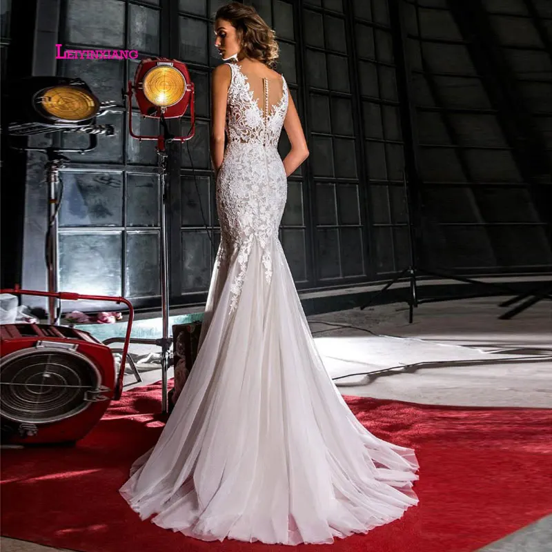 

LEIYINXIANG Mermaid Boho Wedding Dress 2019 V Neck Appliques Lace Chiffon Sexy Wedding Gowns Backless Bride Dress vestido novia