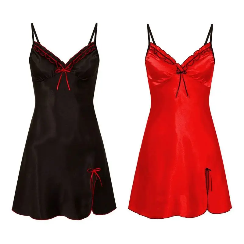 

Womens Plus Size Erotic Deep V-Neck A-Line Lingerie Dress Spaghetti Straps Solid Color Nightgown Ruffles Lace Bowknot Side Split