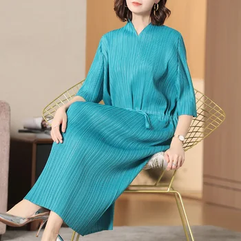 

Pleated Dress Summer 2019 New Elegant V-neck Short-sleeved Waist Slim Ankle-length Solid Dress
